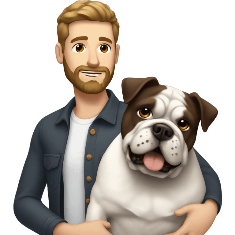 White man with dark brown hair and dark brown beard holding white bulldog  emoji