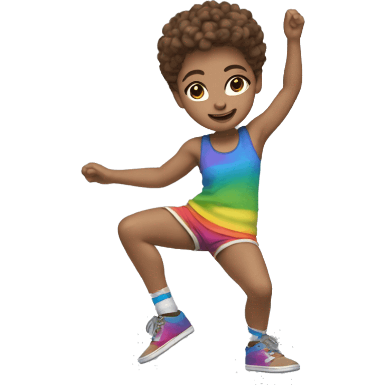 Spinning break dancer, short fuzzy brown hair, fair skin, rainbow shorts emoji