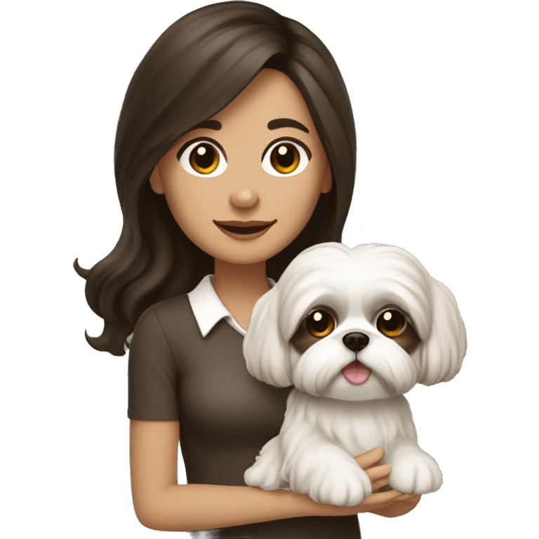 Young dark brunette medium kin hair woman with a cream shih tzu in her arms long wavy hair emoji