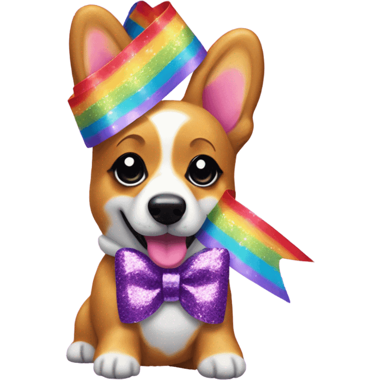 Lisa frank rainbow glitter corgi with ribbon bow on head emoji