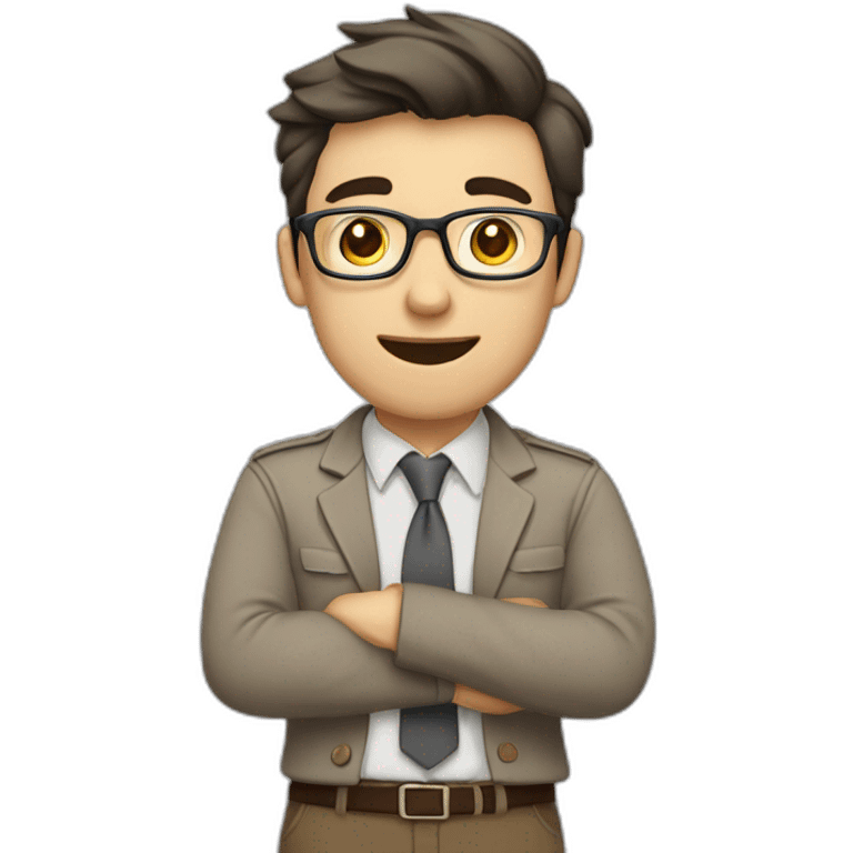 To belt Actively gesturing with hands 👌 Pale skinned fit man with dark brown hair in gray jacket, beige office shirt, brown tie, brown pants and vintage glasses. emoji