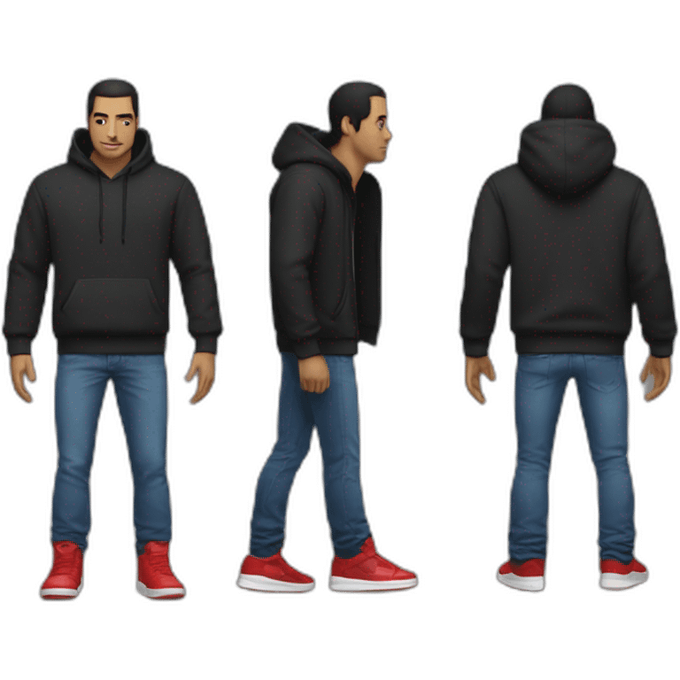 white male adult, Long black hair, Black hoodie, Blue Jeans, Red Air Jordans emoji