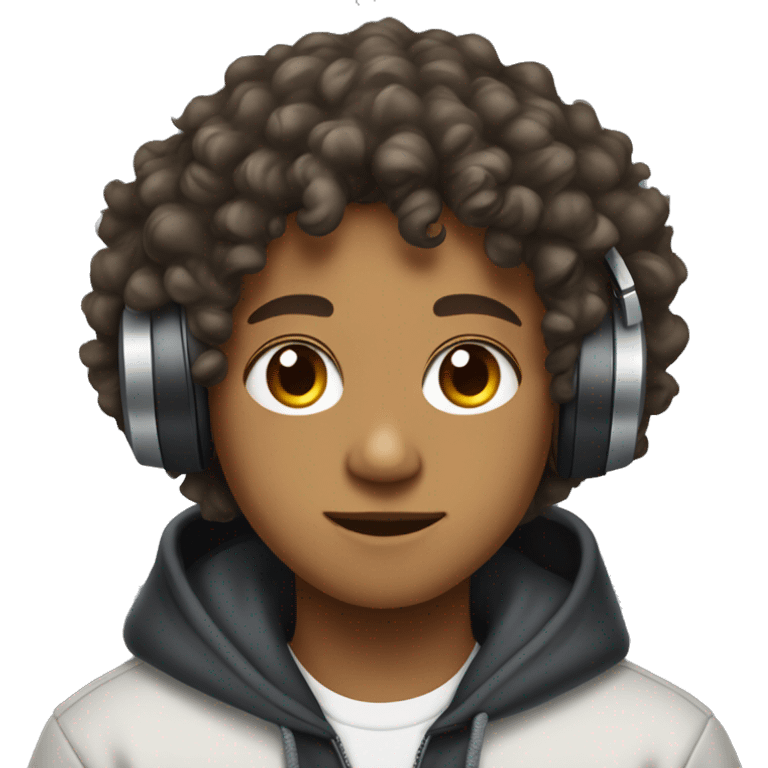 A 16 year old mixed boy with curly hair, a hoody and headphones on emoji