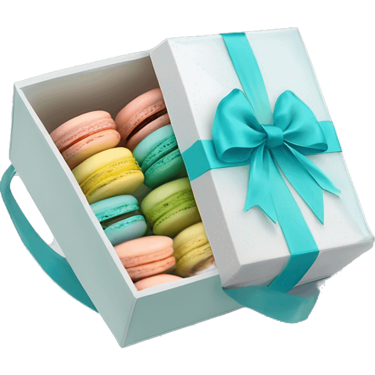 Realistic transparent plastic box with a tiffand blue ribbon and bow around the box and pastel macarons inside of it. emoji