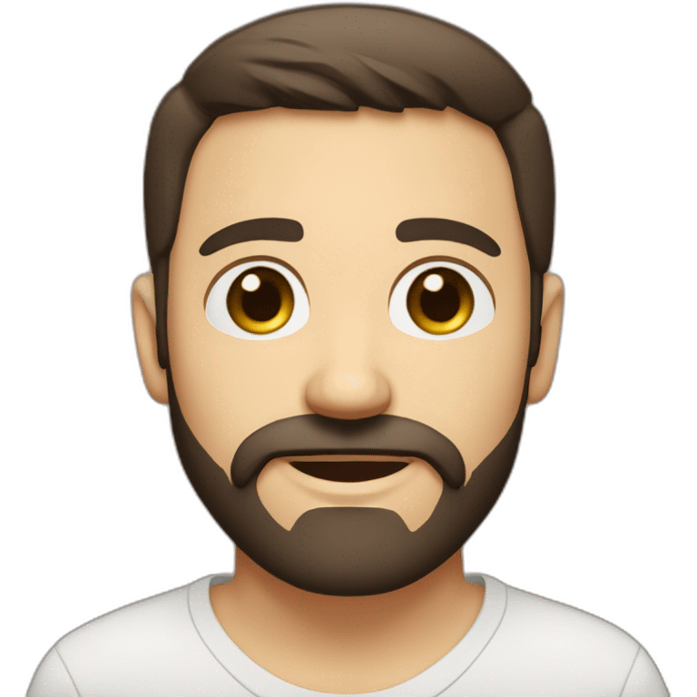 A young Caucasian man with dark brown eyes, almond-shaped eyes, short dark brown hair, and a small dark brown beard with a more prominent mustache. emoji