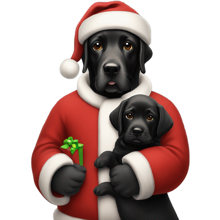 Santa Claus in a red Santa outfit holding a 14 week old black Labrador  emoji