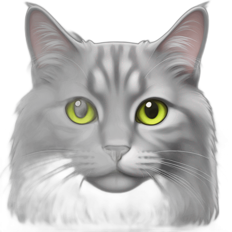 gray long haired norwegian cat with lime color eyes emoji