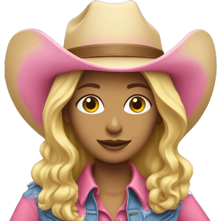 blonde lady with blue background and pink cowboy hat emoji