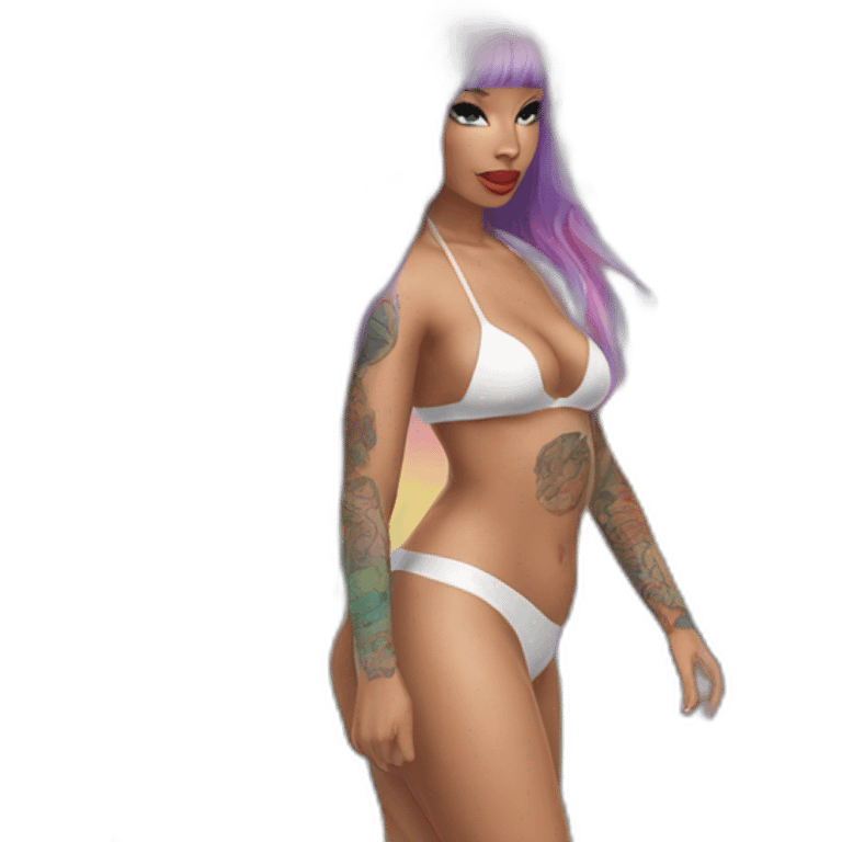 Hot nicki minaj catgirl rainbow hair blue eyes red lips rainbow unicorn swim-suit with tattoo emoji