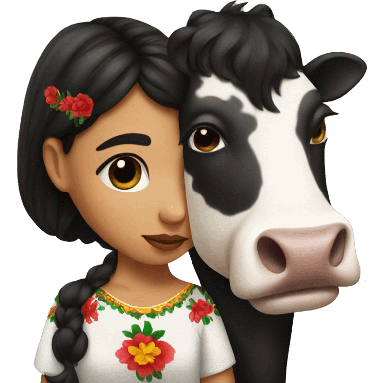 Mexican girl with dark hair kissing a cow emoji