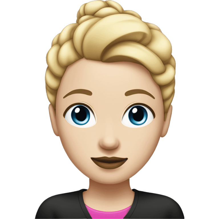 a woman with freckles, blue eyes, light skin, blonde straight hair with a bun, pink lips. black shirt. emoji