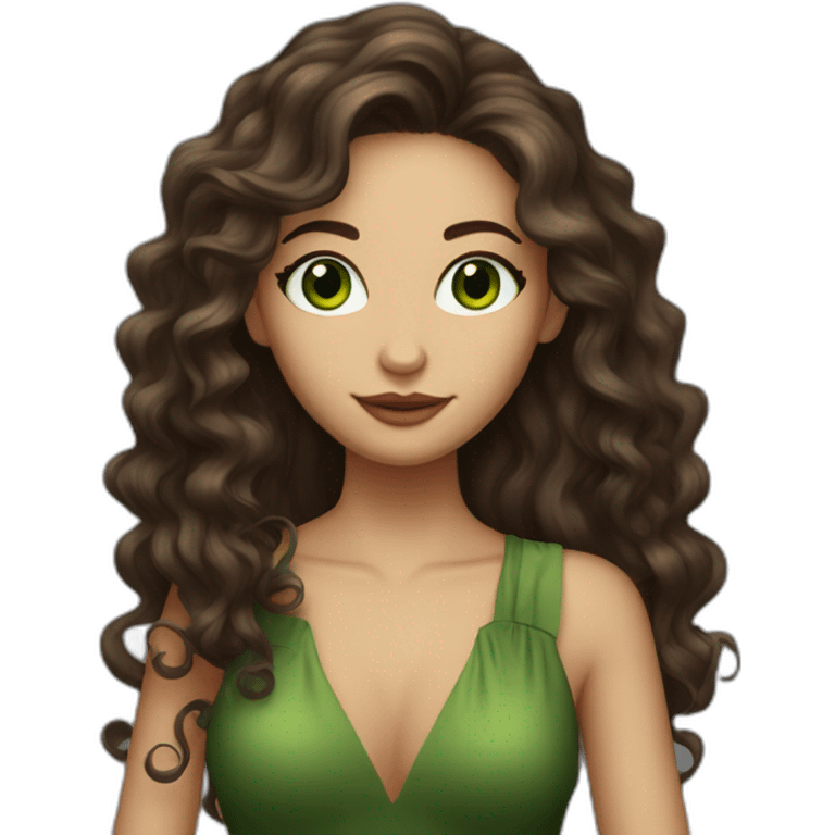 Skinny brunette with green eyes, long hair and styling curls with a glass of wine in her hand emoji