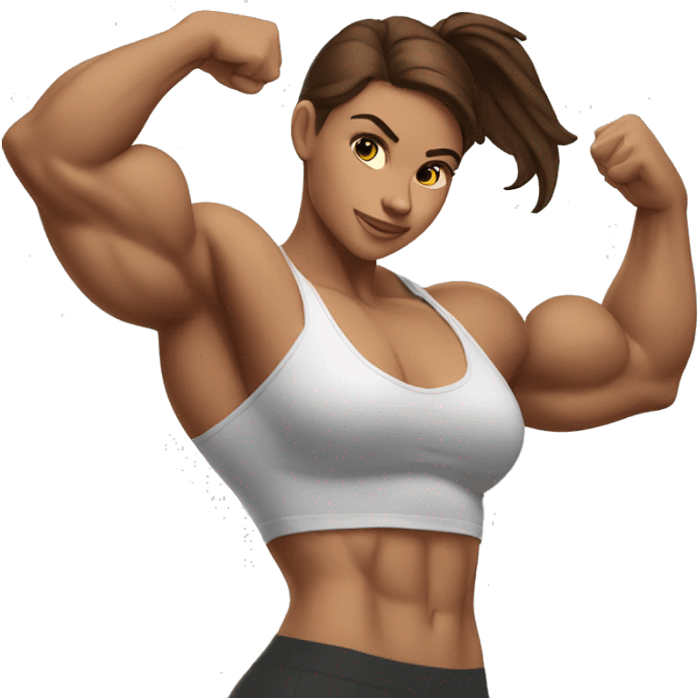 Strong muscle girl brown hair flexing white emoji