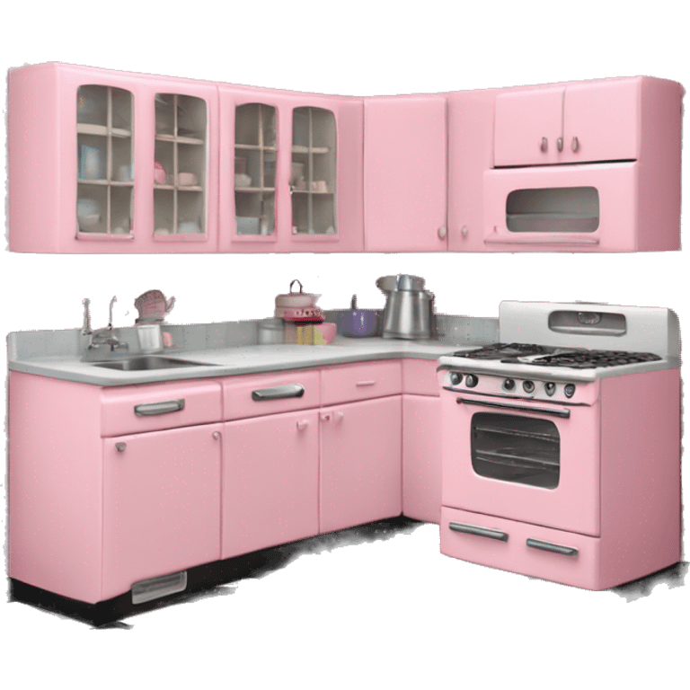 Isolated full length Realistic bubblegum vintage retro kitchen range with cabinets and counters. emoji