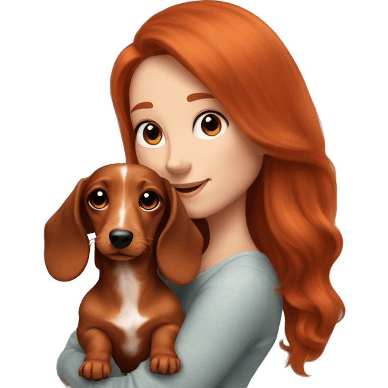  puppy longhair dachshund fair colours and her owner a redhead woman emoji