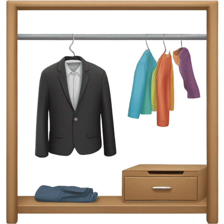 Design an emoji-style icon of an open wardrobe with clothes hanging inside. Include details like a wooden frame, hangers, and only black or white different clothing items such as shirts or any other clothing . Use a clean and minimalistic design. emoji