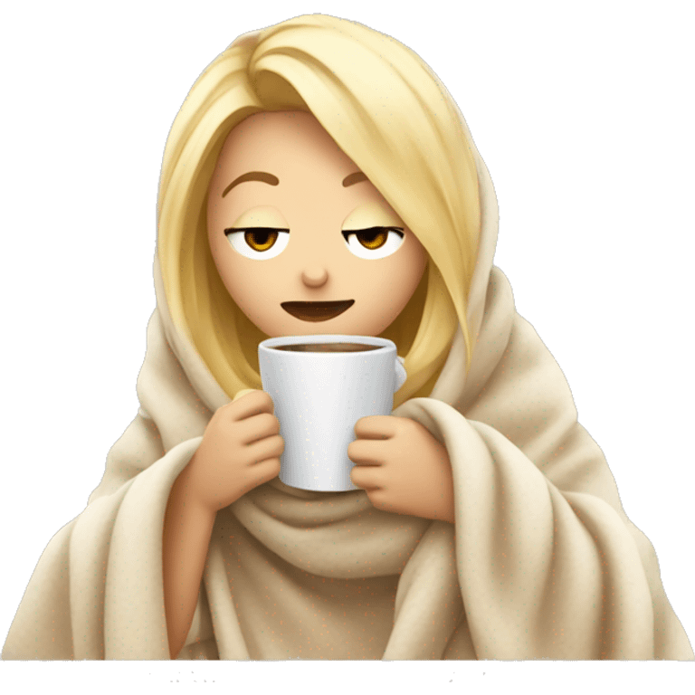 Blondie girl inside a blanket sipping coffee eyes closed emoji