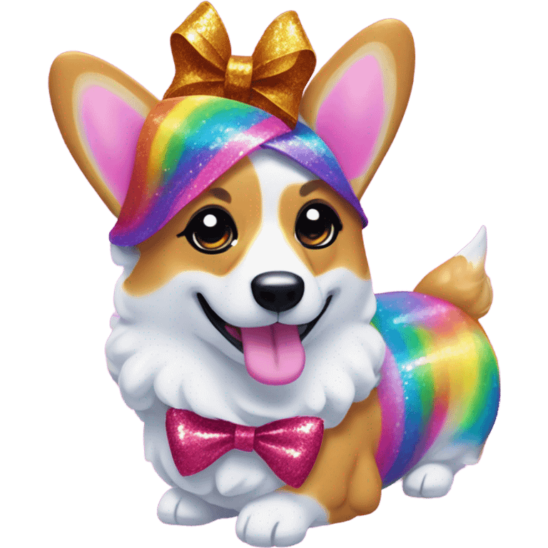 Lisa frank rainbow glitter corgi with ribbon bow on head emoji