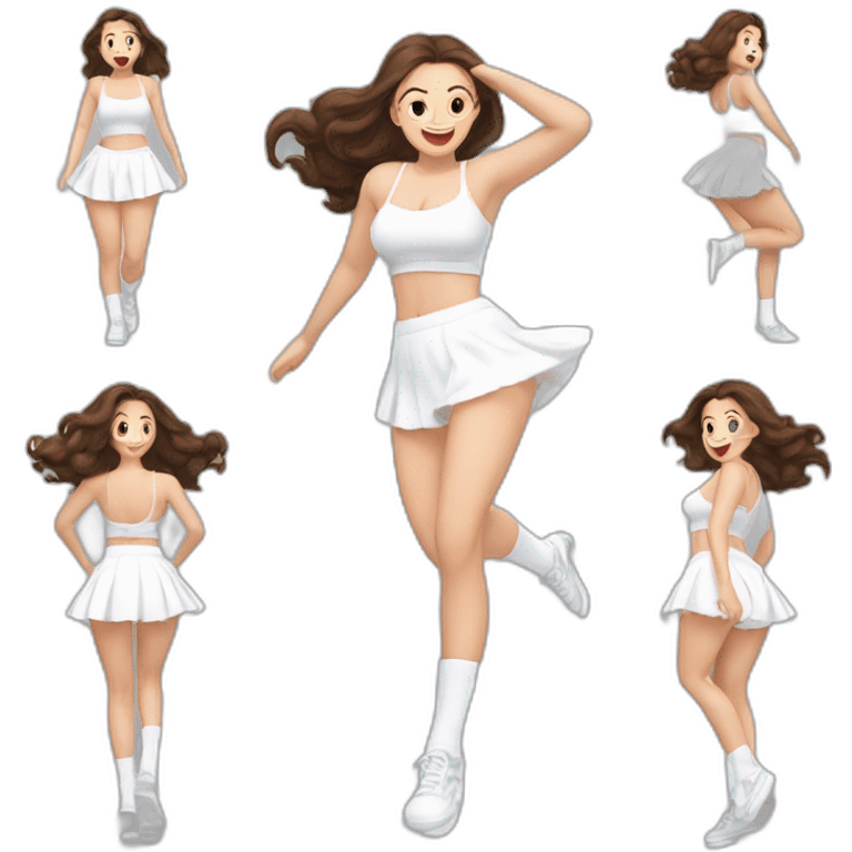 full body caucasian curvy beauty jumping short black skirt back and front views strong wind white knickers long white socks emoji