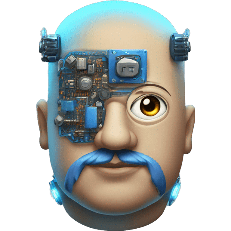 Fat bald cyborg head with tan skin, blue beard, blue steampunk goggles and circuits emoji