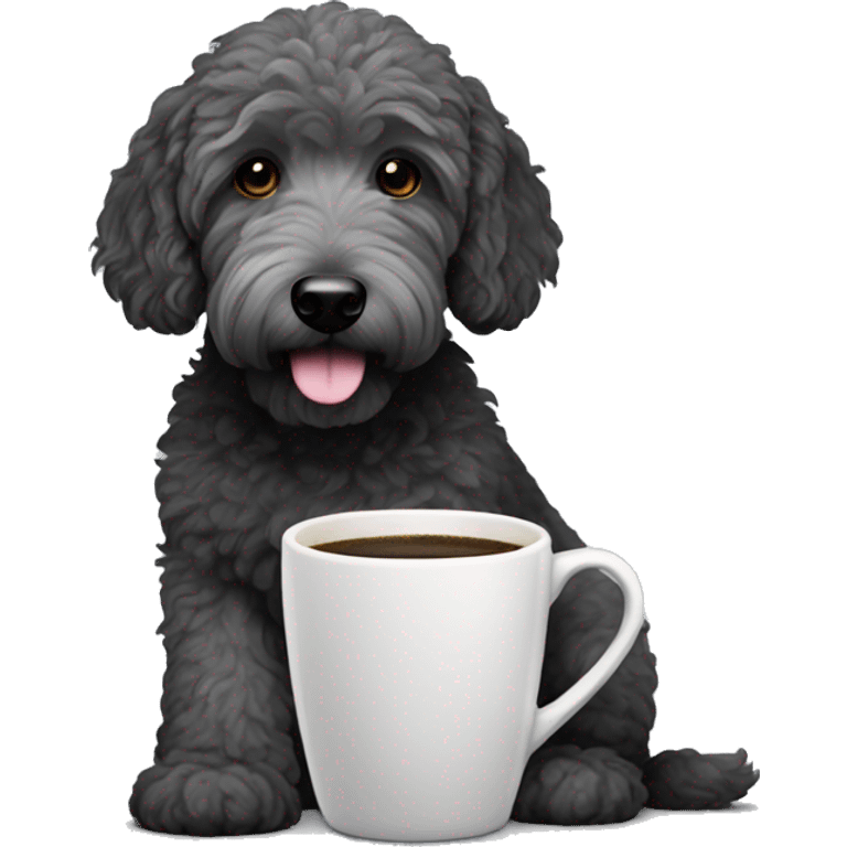 Black, gray ,  goldendoodle dog with coffee cup  emoji