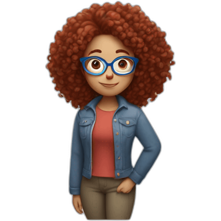 A curvy girl with dark red curly hair and blue glasses in full body in Pixar style emoji