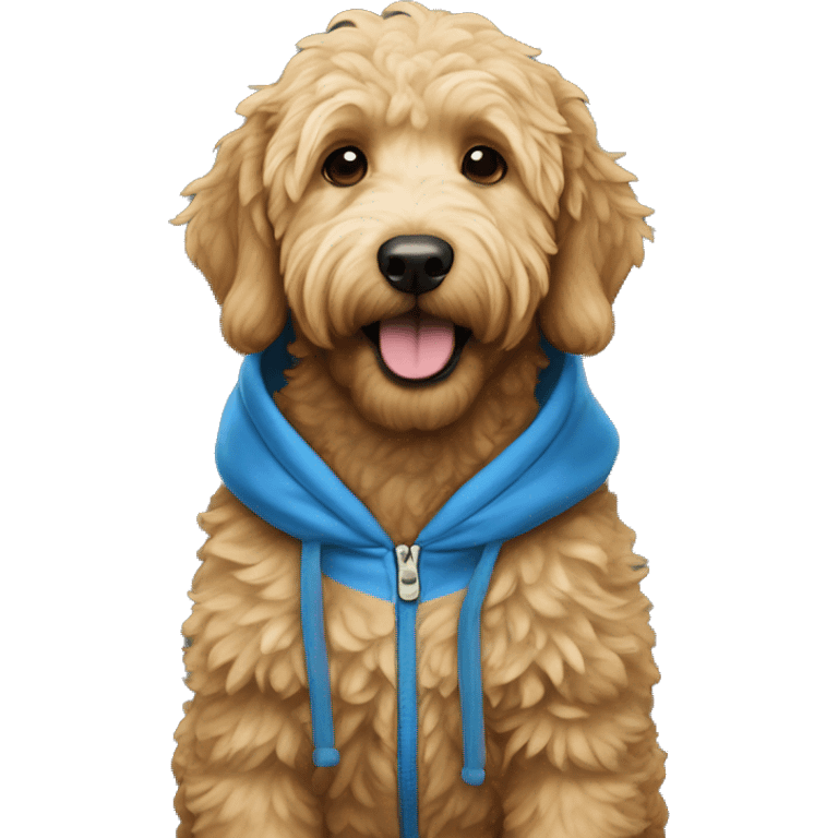 A golden doodle wearing a blue hoodie emoji