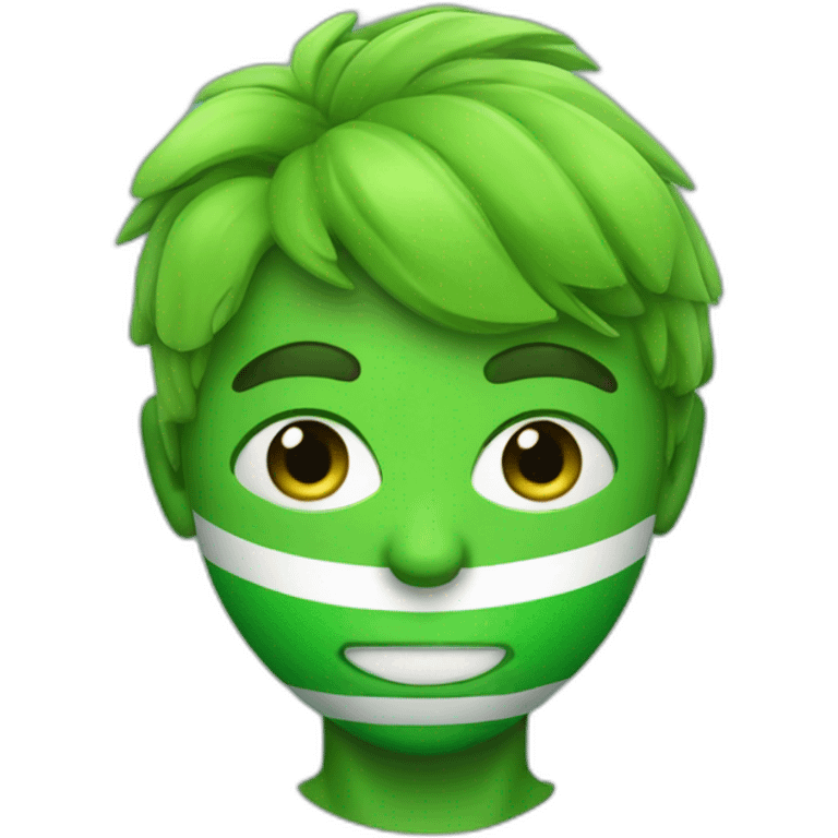 Little guy soccer mascot dressed in green with penacho and green lines under eyes emoji