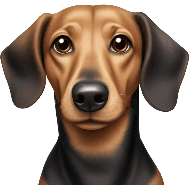 mixed breed dachshund labrador retriever dog with floppy ears, tan and black and red hair, and a long tongue emoji