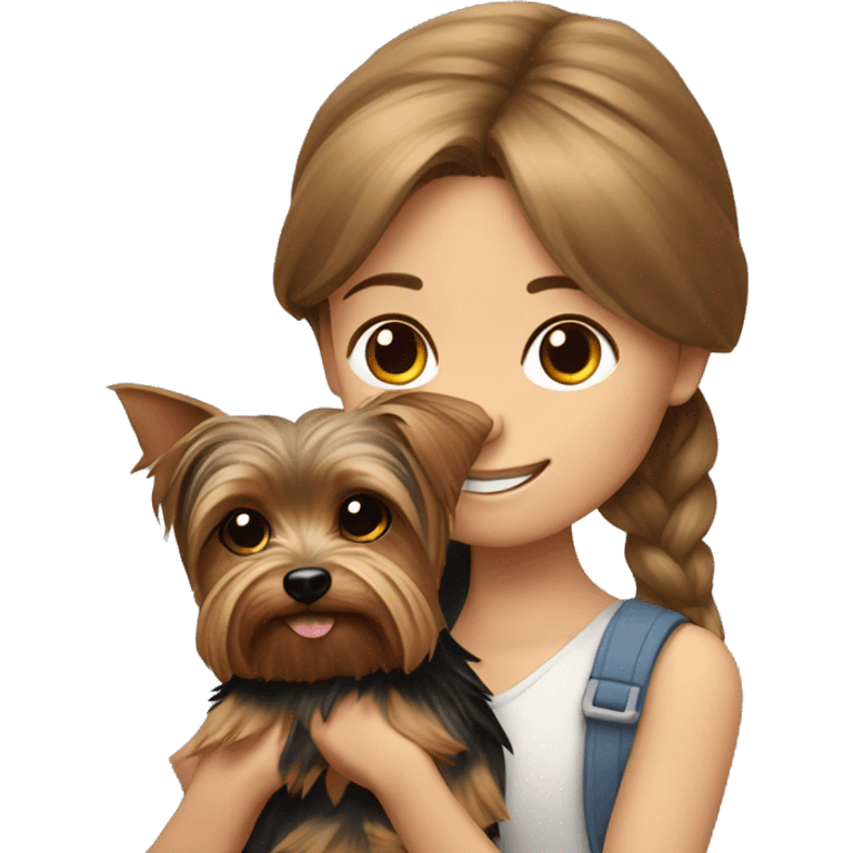 Yorkshire Terrier in the arms of a girl with brown hair emoji