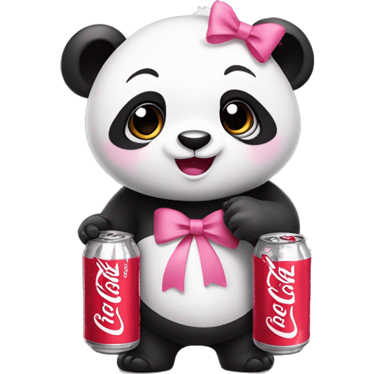 cute panda with pink bows on its ears and holding cans of diet coke emoji