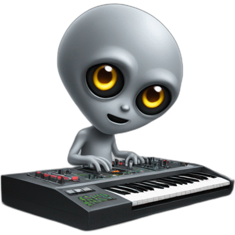 A Classic emoji of grey Big eyed Alien playing an AKAI MPC XL emoji