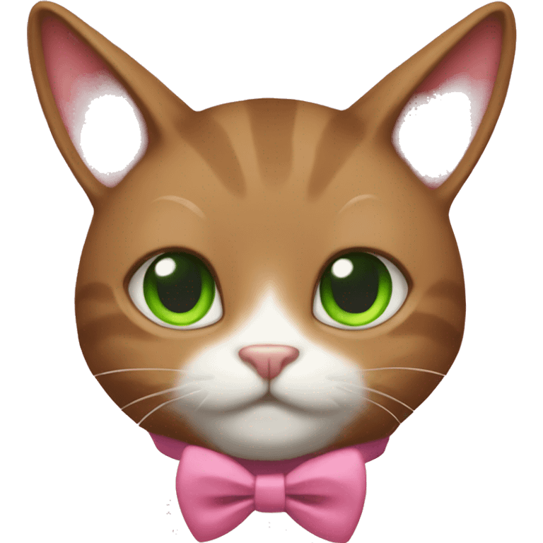 brown cat in a bunny HOOD with pink bow tie and green eyes emoji