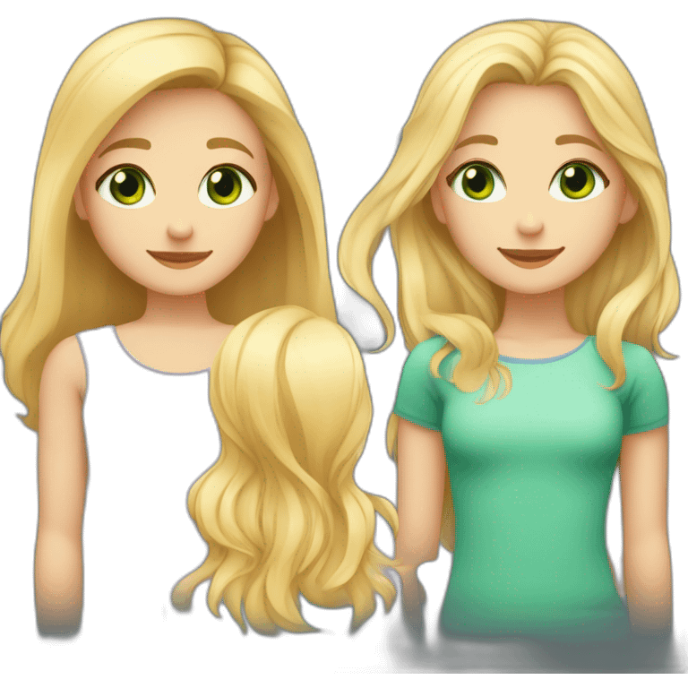 a girl with medium length blonde harl and blue eyes, a swarthy girl with medium length dark brown hair and dark eyes and a girl with long blonde hair and green eyes are hugging emoji