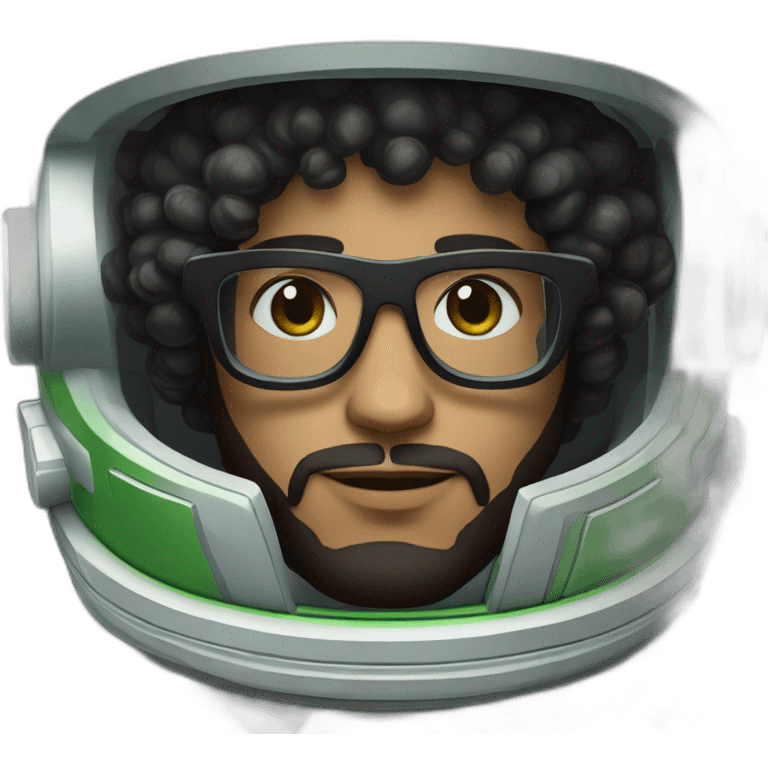 Light skin Man with black short curly hear and beard and black glasses wearing a green and white astronaut suit and helmet emoji