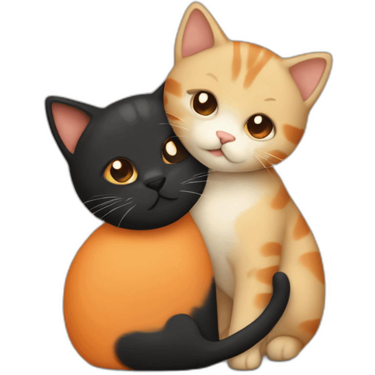 one beige cat and one black and orange cuddling emoji