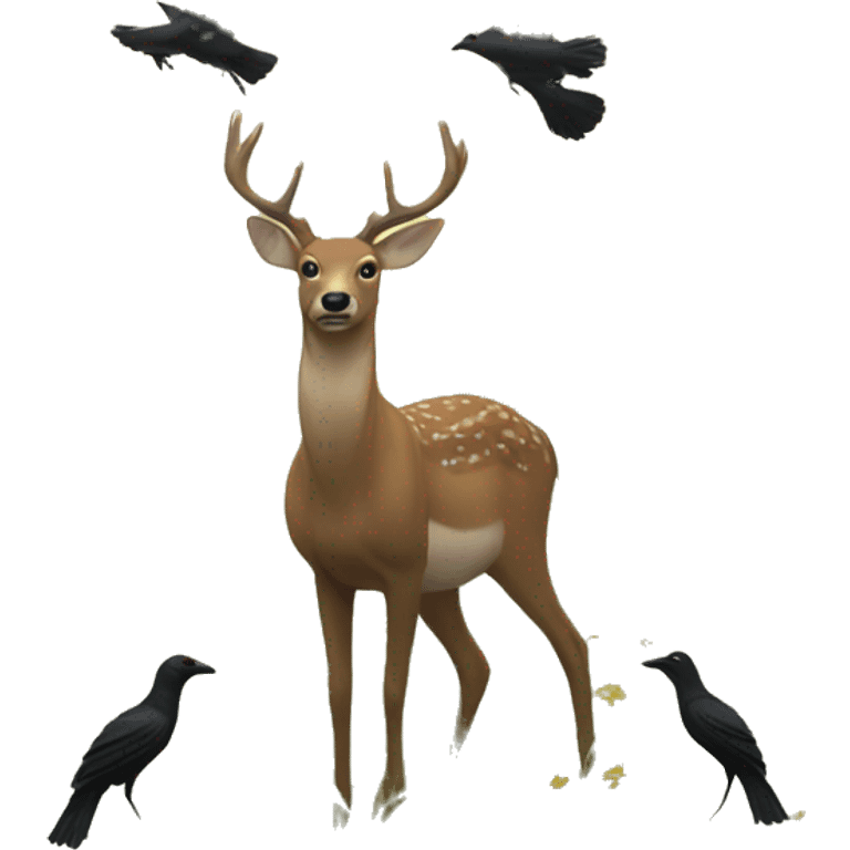 Deer in a meadow with crows emoji