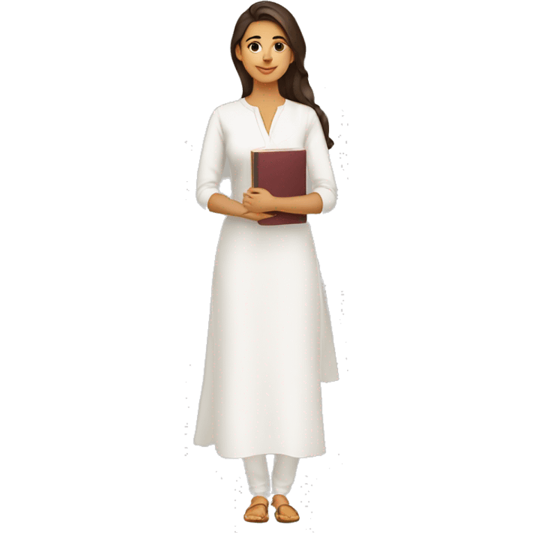 A modern women wearing  simple full white kurti and book in hand emoji