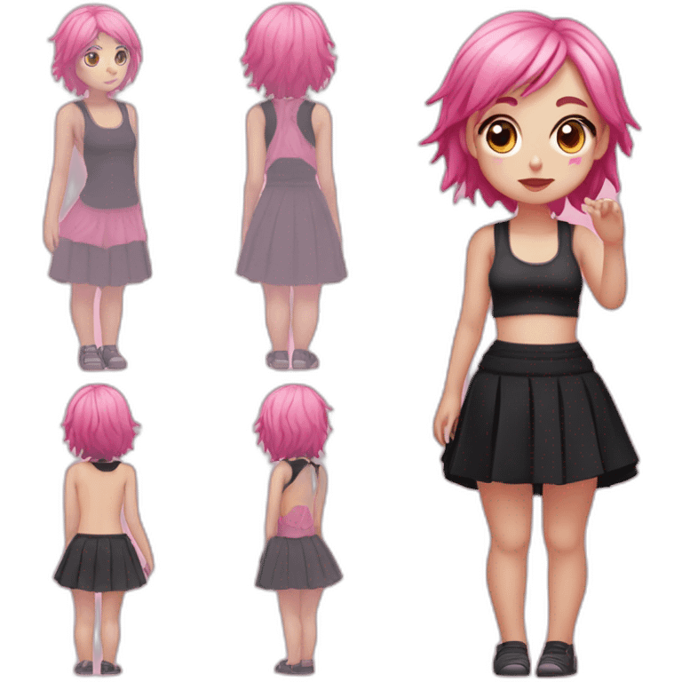 Full body Front view curvy emo girl pink hair sits on the floor straight view hands up black skirt полосатые рваные чулки emoji