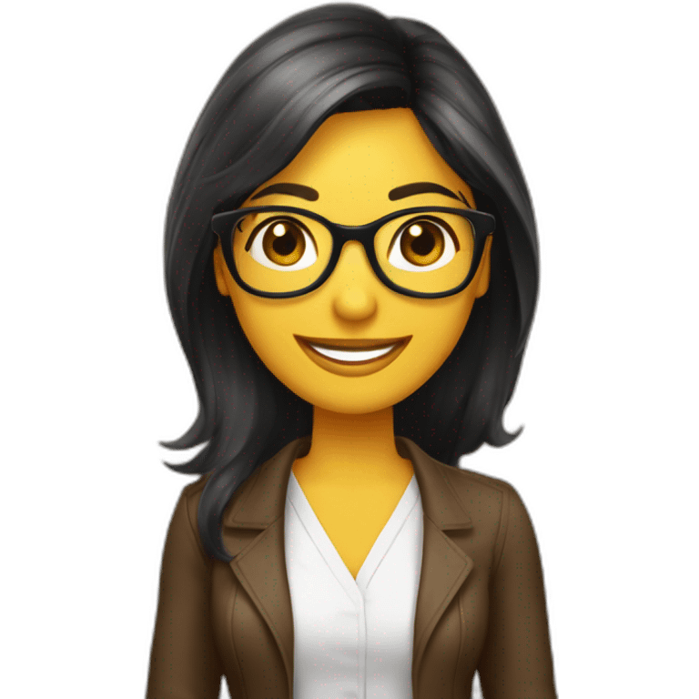 Mujer cabello corto çon lentes, sonriendo con un libro de marketing en la mano emoji