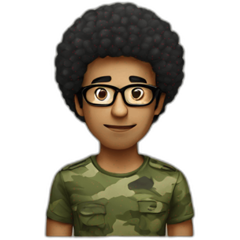 skinny indian guy with an afro and glasses wearing a camo tee emoji