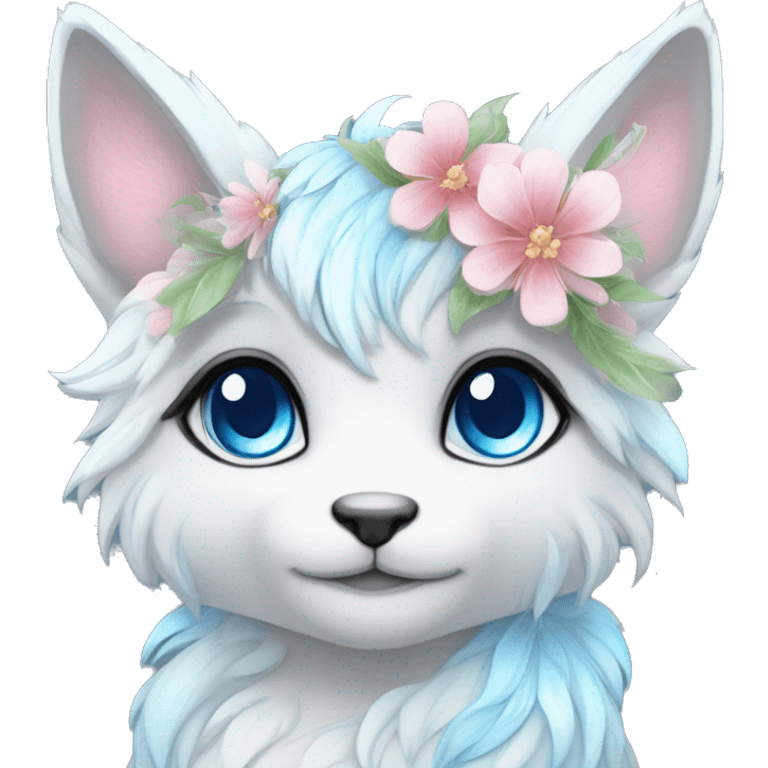 Anthro Cute Cool Kawaii gorgeous sparkly ethereal fantasy animal creature with blue eyes furry sona with flowers beautiful aesthetic emoji