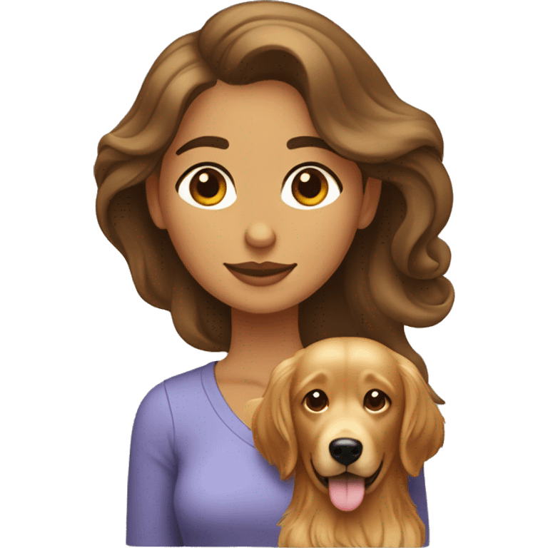 Mujer morena de pelo largo de color marrón oscuro con un perro golden retriver emoji