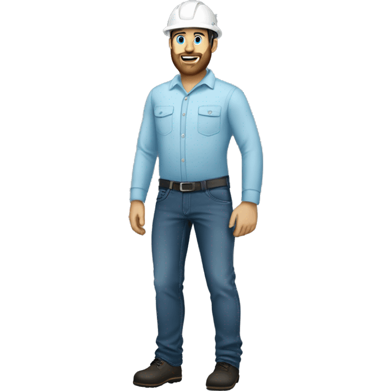 An engineer with beard, standing and wearing black jeans and light blue long sleeve and white helmet  emoji