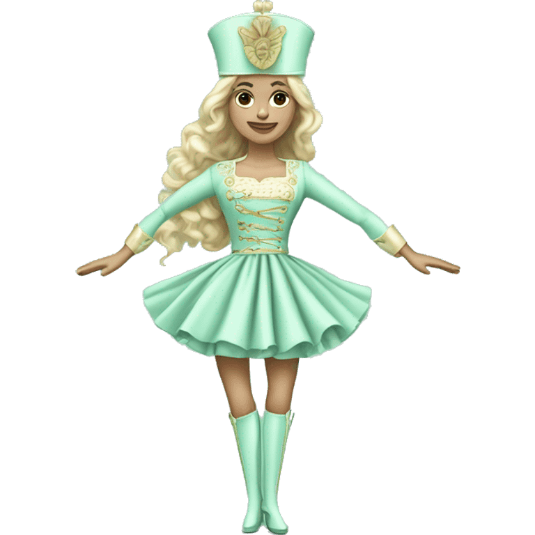 Realistic full body Caucasian coquette pastel mint green woman nutcracker soldier with long curly mint hair. emoji