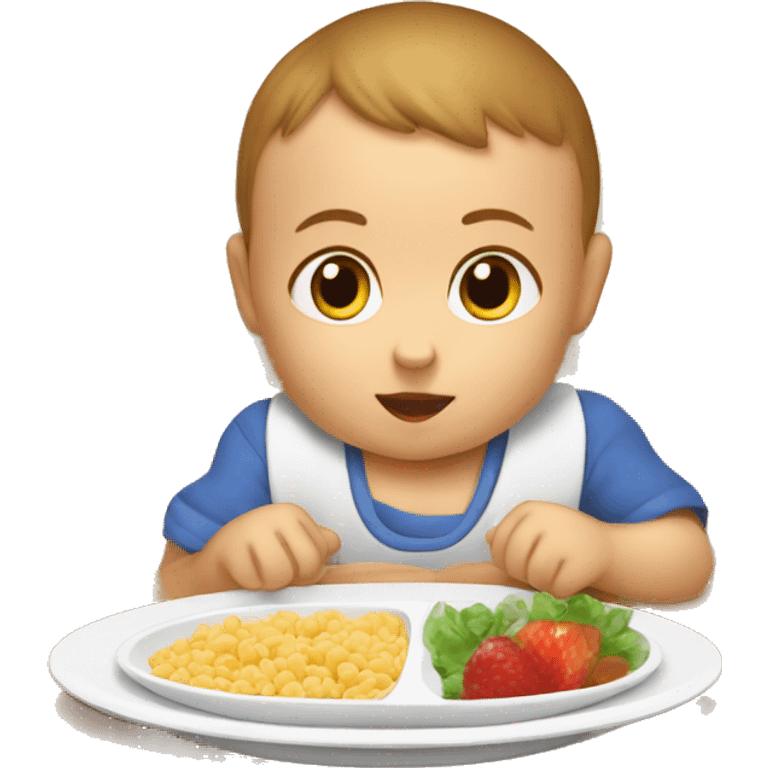 A baby eat his HELSI food in the chair for kids by the table  emoji