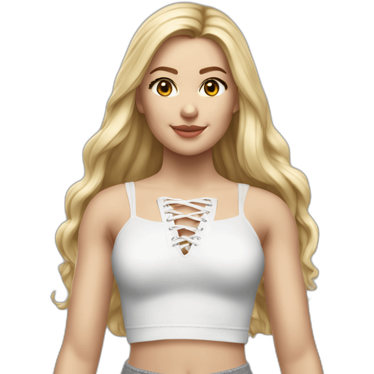 hyperrealistic caucasian female, long straight blonde hair, white lace up crop top, grey mini skirt, body view emoji