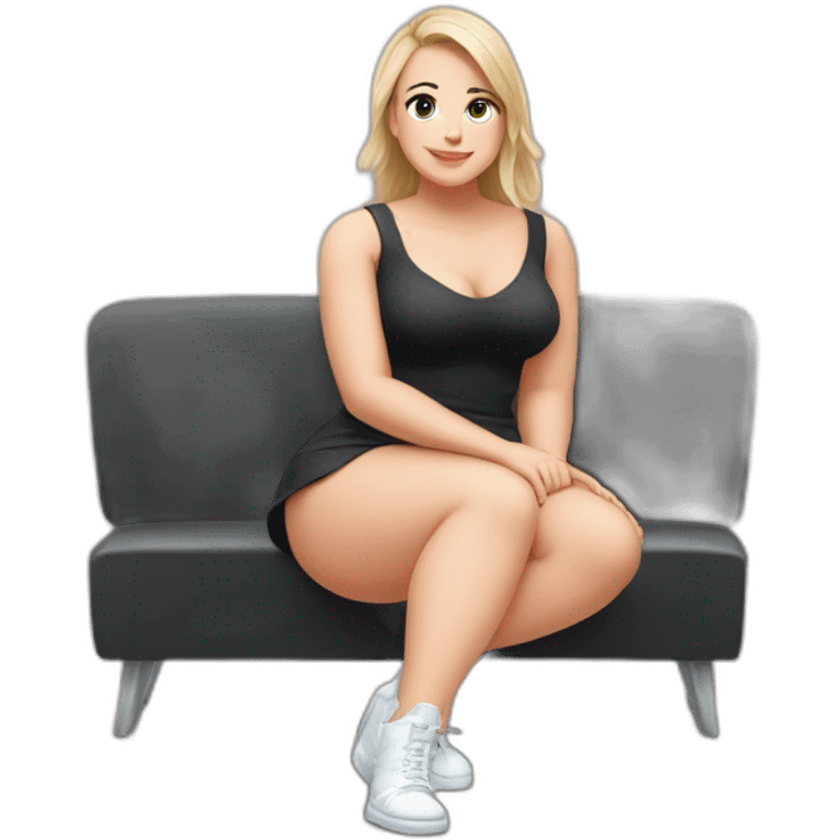 Front view full body curvy caucasian beauty sitting straight hands up black skirt white knickers white socks emoji