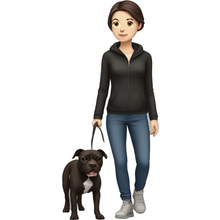 White brunette Girl walking a black pit bull emoji