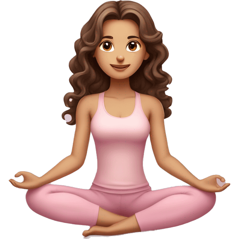 Brunette long curled hair and brown eyes yoga beautiful girl in light pink clothes sitting on a yoga mat emoji